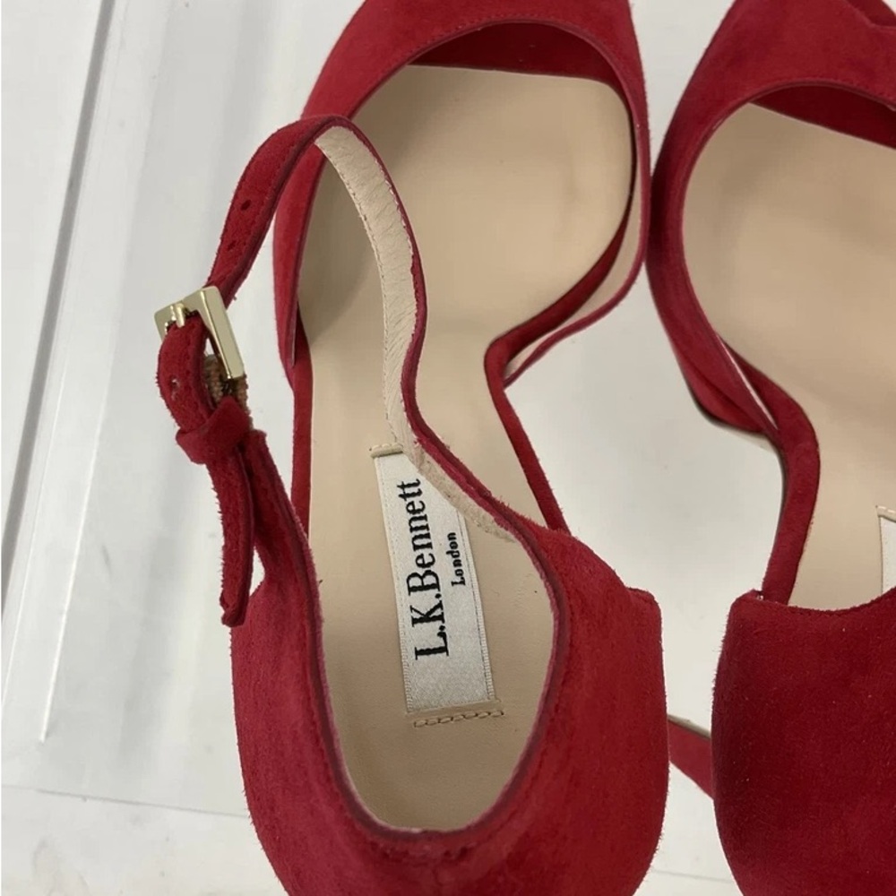 LK Bennett Red Suede Peep-Toe Ankle-Strap Heels - Picture 4 of 6